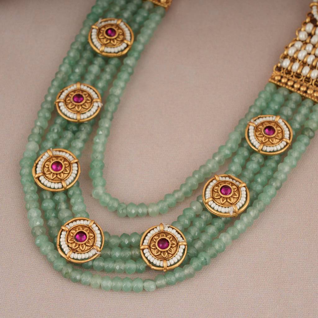 Stunning Green Stone Long Necklace Set With Jhumka Earring : SJ066