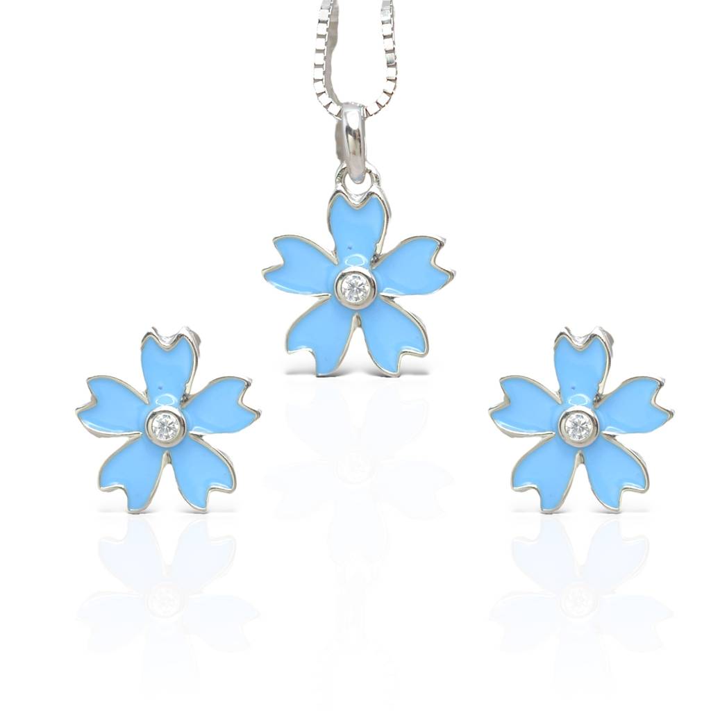 Blue Flower Necklace Set For Teens - 925 Silver Jewelry : 1285