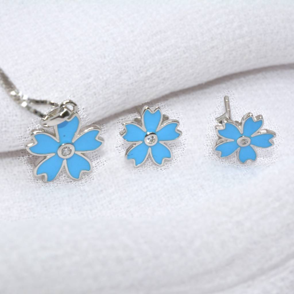 Blue Flower Necklace Set For Teens - 925 Silver Jewelry : 1285