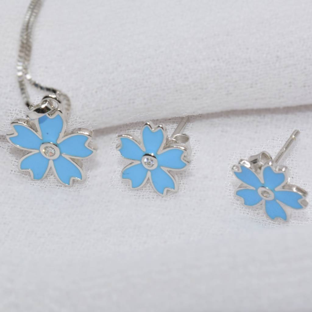 Blue Flower Necklace Set For Teens - 925 Silver Jewelry : 1285