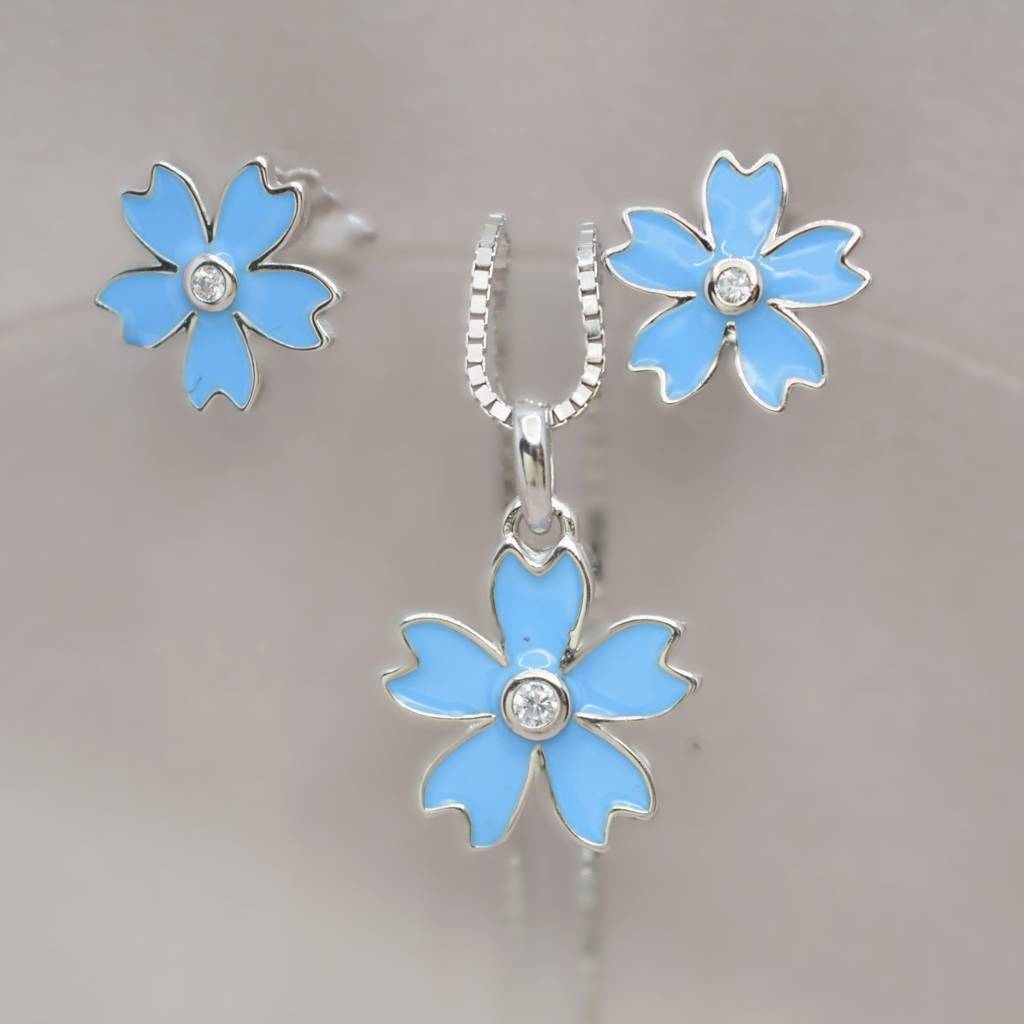 Blue Flower Necklace Set For Teens - 925 Silver Jewelry : 1285