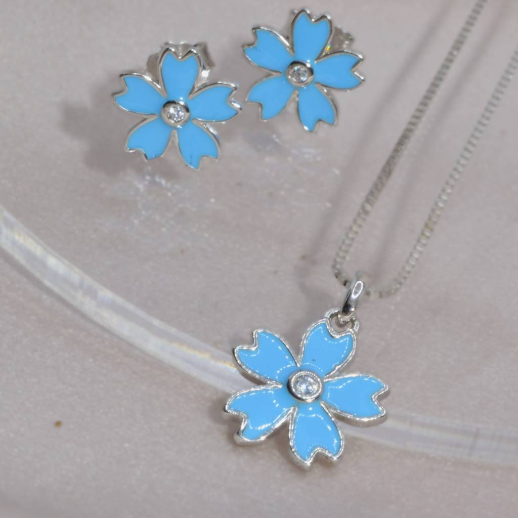 Blue Flower Necklace Set For Teens - 925 Silver Jewelry : 1285