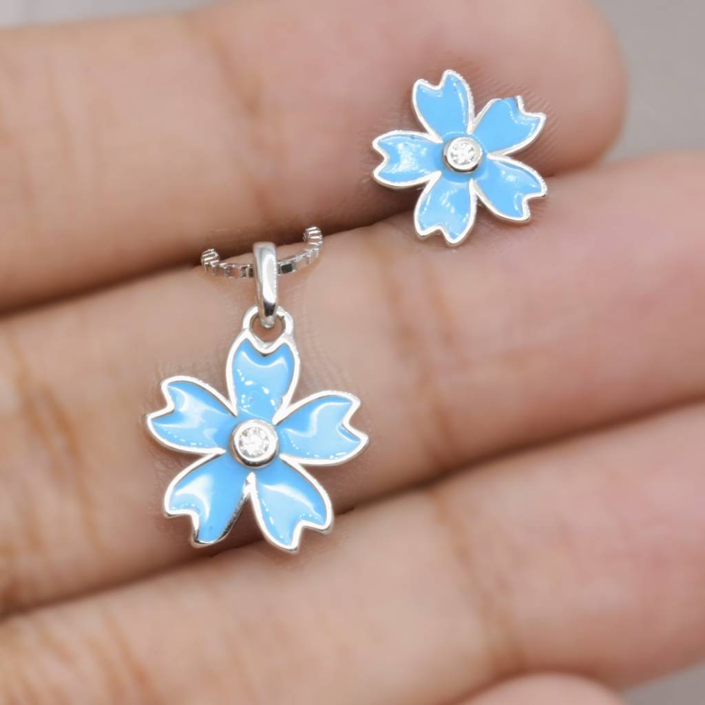 Blue Flower Necklace Set For Teens - 925 Silver Jewelry : 1285