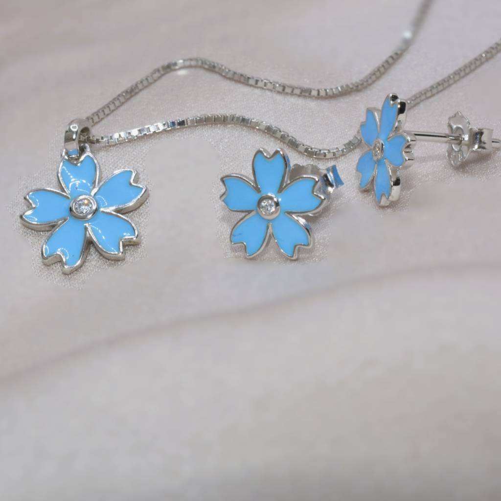 Blue Flower Necklace Set For Teens - 925 Silver Jewelry : 1285