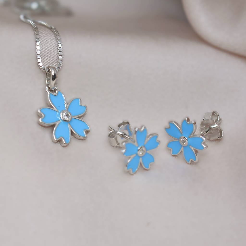 Blue Flower Necklace Set For Teens - 925 Silver Jewelry : 1285