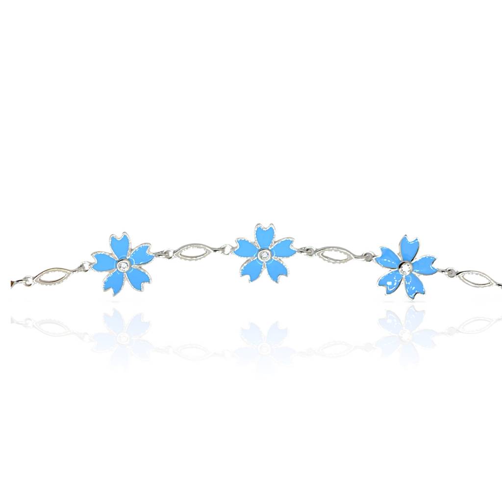 Delicate Light Blue Flower Charm Bracelet In 925 Sterling Silver : 1288