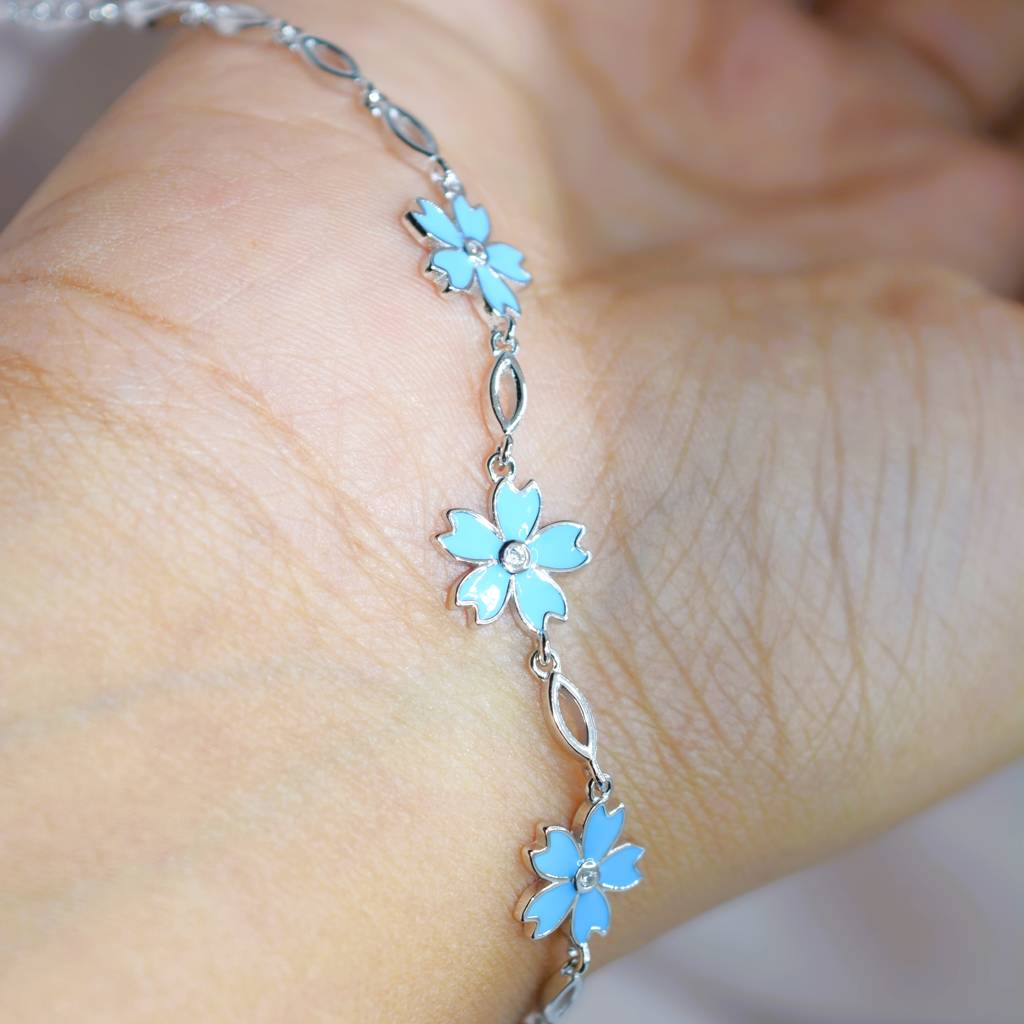Delicate Light Blue Flower Charm Bracelet In 925 Sterling Silver : 1288