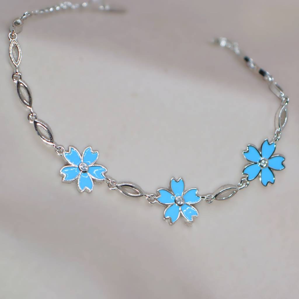 Delicate Light Blue Flower Charm Bracelet In 925 Sterling Silver : 1288