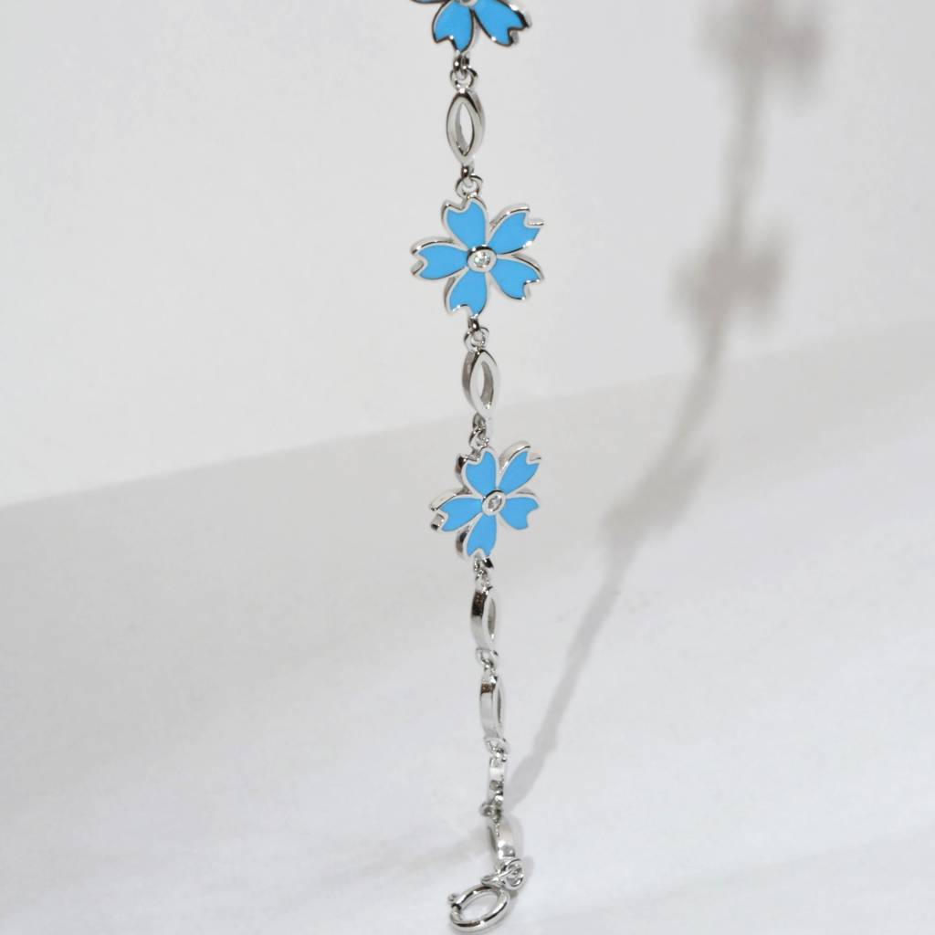 Delicate Light Blue Flower Charm Bracelet In 925 Sterling Silver : 1288