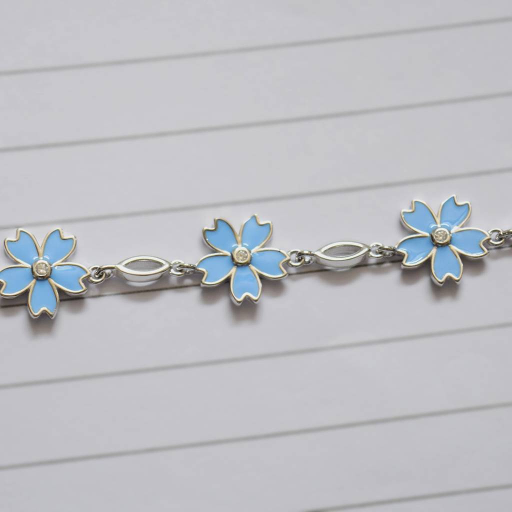 Delicate Light Blue Flower Charm Bracelet In 925 Sterling Silver : 1288