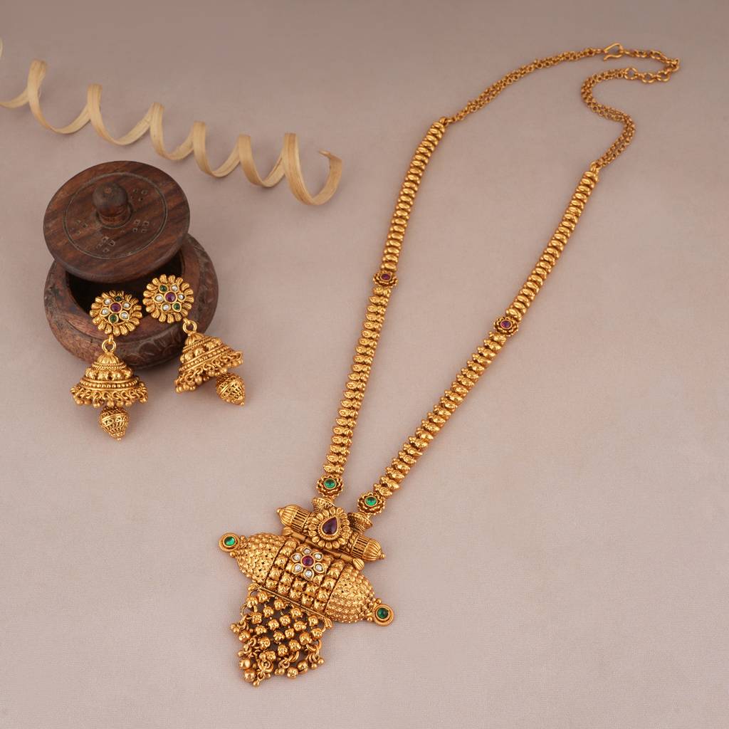 Cute Long Antique Gold Necklace Set With Jhumka Earring : SJ064