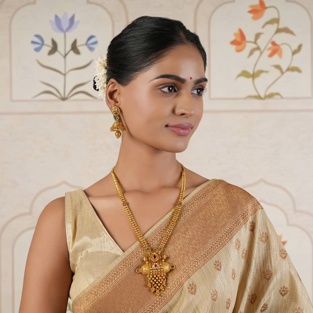 Cute Long Antique Gold Necklace Set With Jhumka Earring : SJ064