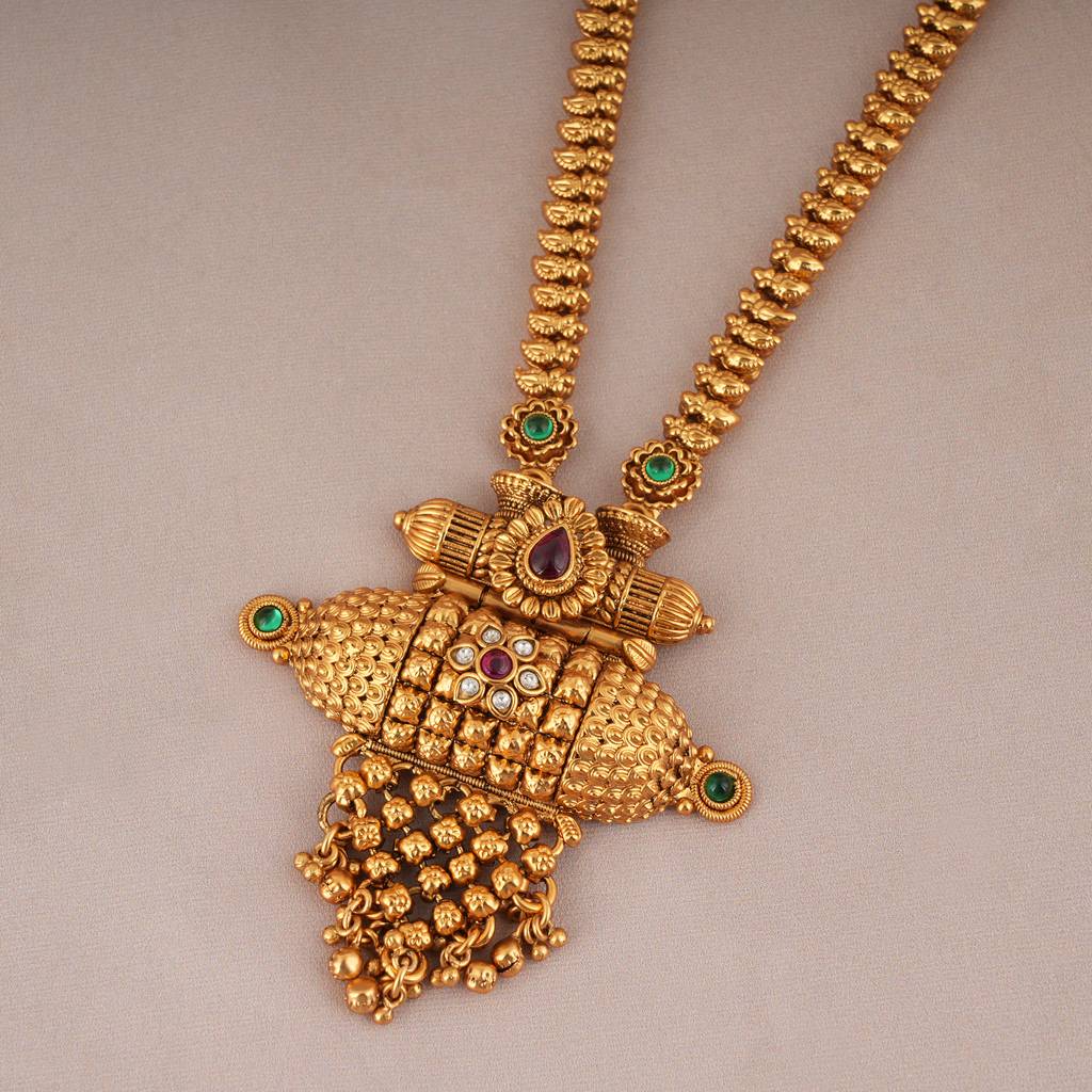 Cute Long Antique Gold Necklace Set With Jhumka Earring : SJ064