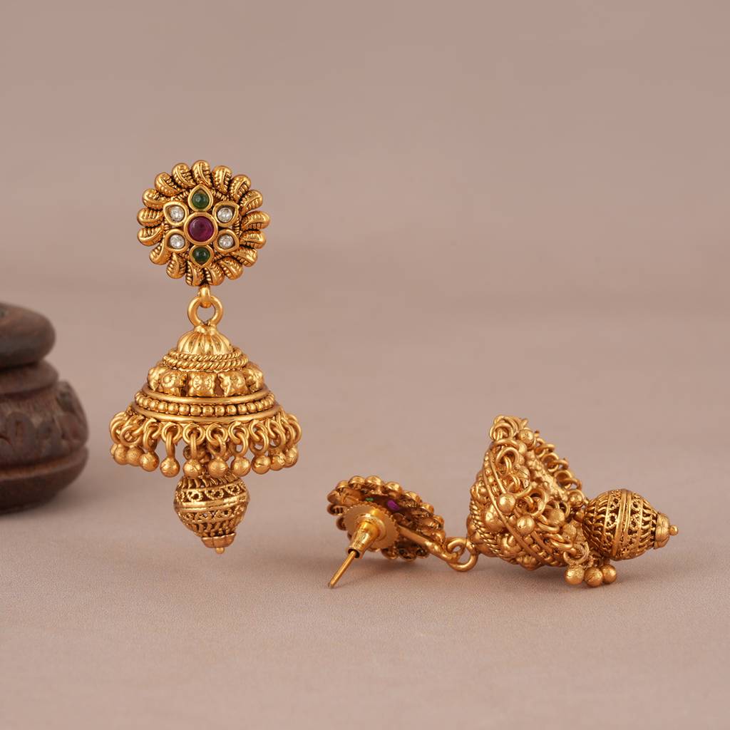 Cute Long Antique Gold Necklace Set With Jhumka Earring : SJ064