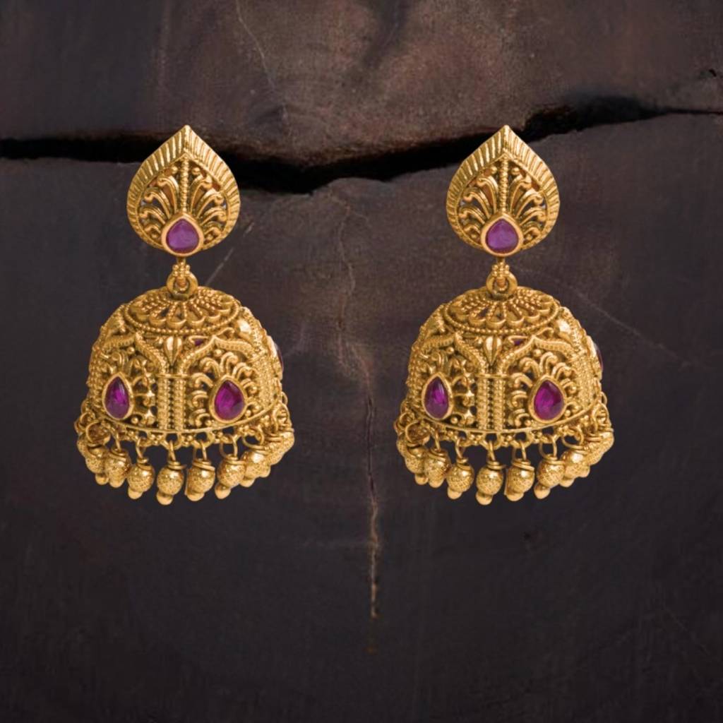 Antique Finish South Indian Temple Jhumka Earrings With Green & Ruby Stones : R-1164