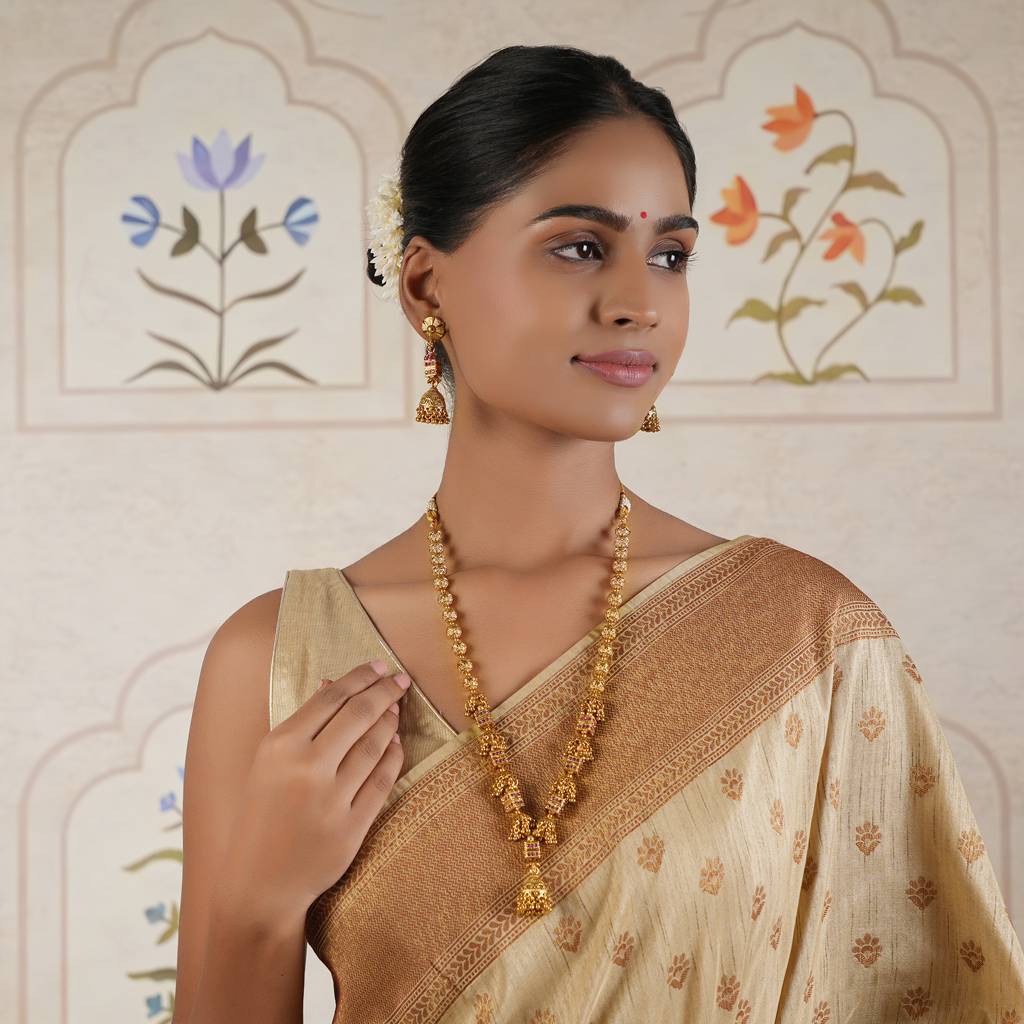 Long Antique Gold Jhumka Fall Necklace Set With Earring : SJ065