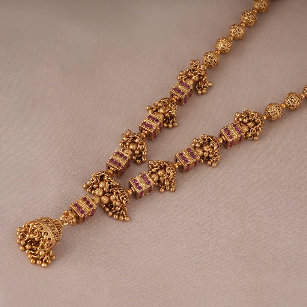 Long Antique Gold Jhumka Fall Necklace Set With Earring : SJ065