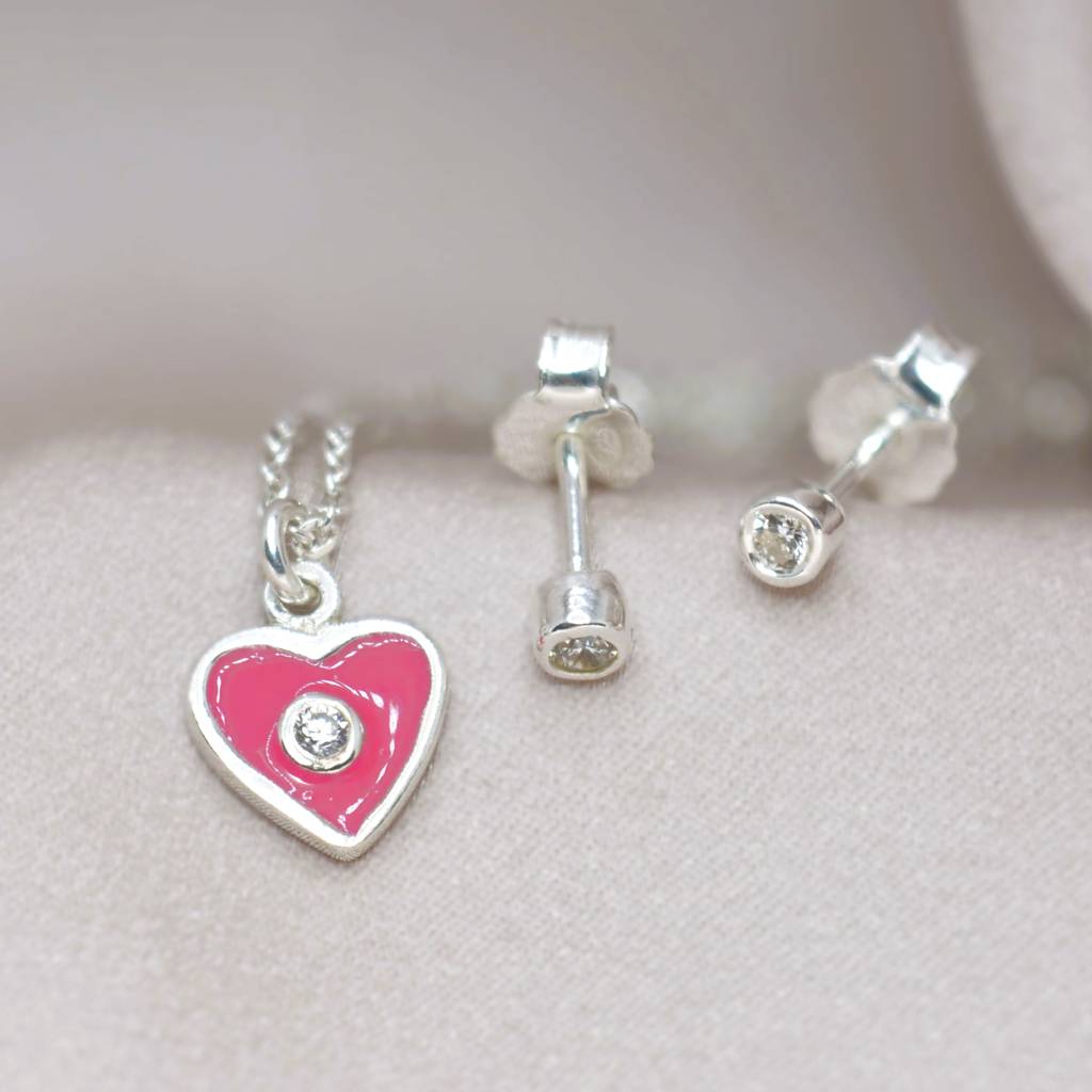 Delicate Pink Heart Necklace Set For Teens - 925 Silver Jewelry : 1293