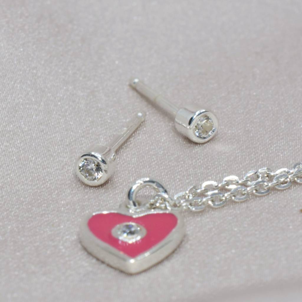 Delicate Pink Heart Necklace Set For Teens - 925 Silver Jewelry : 1293
