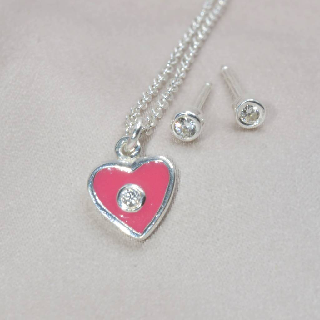 Delicate Pink Heart Necklace Set For Teens - 925 Silver Jewelry : 1293