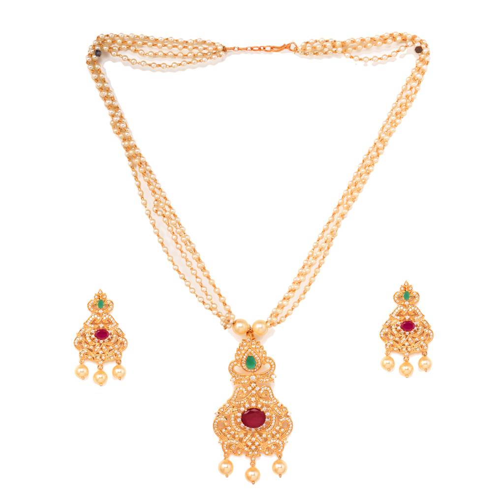 Gold Plated Multicolour Ad Studded Traditional Necklace With Earrings : SJNK1295