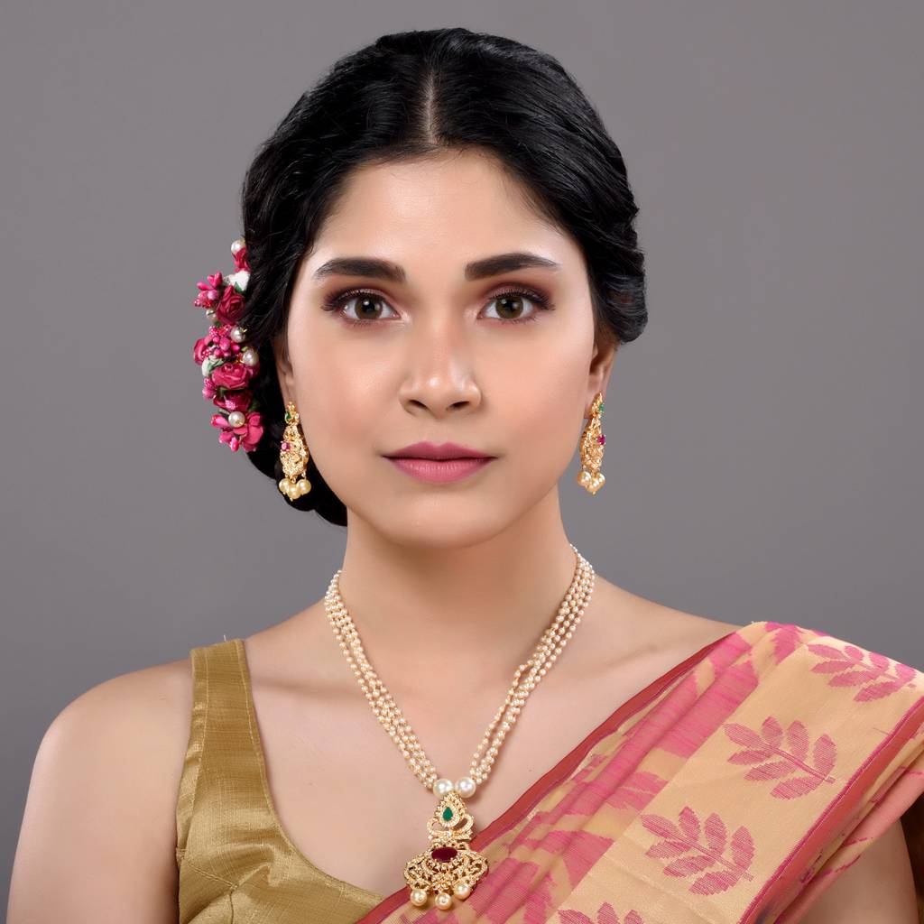 Gold Plated Multicolour Ad Studded Traditional Necklace With Earrings : SJNK1295