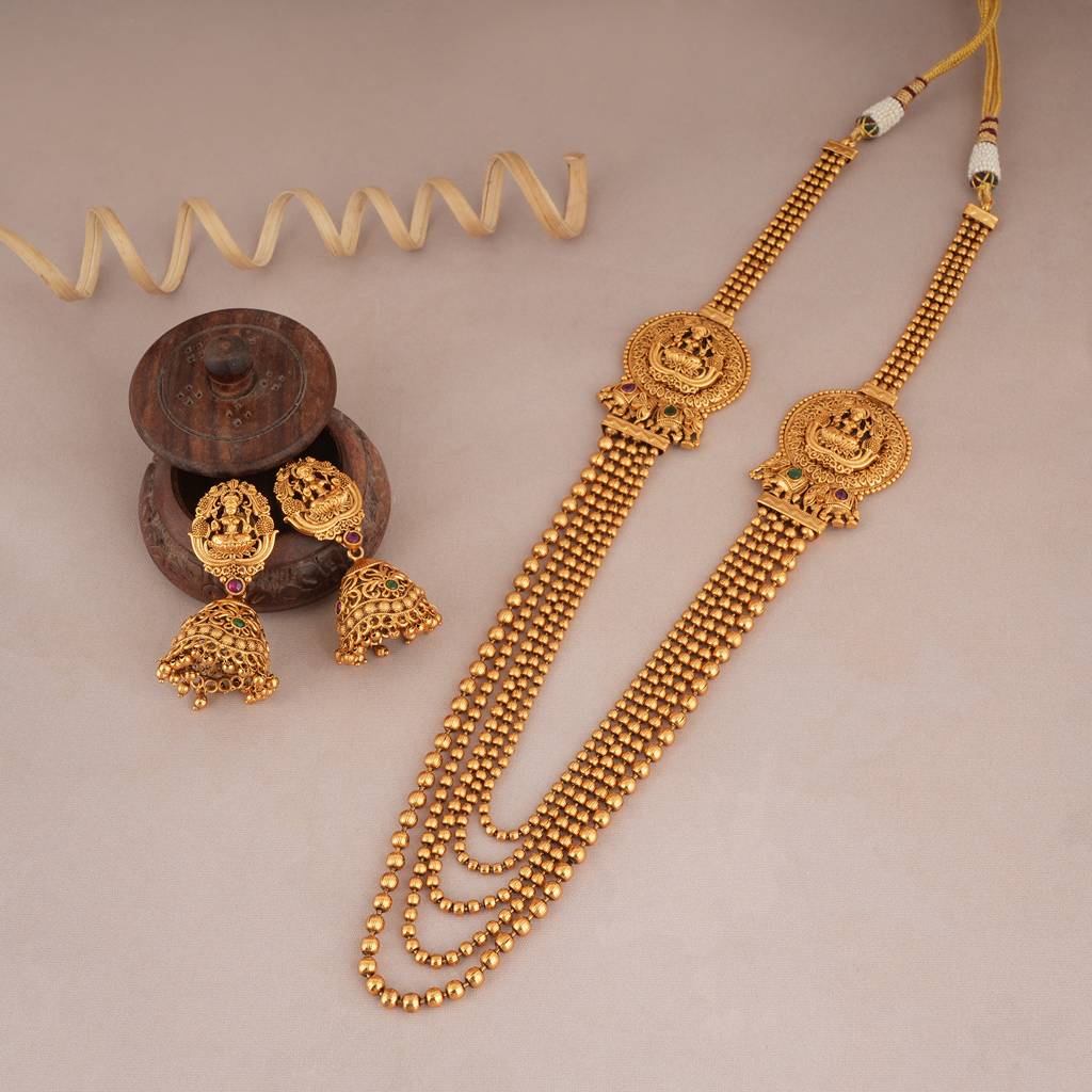 Beautiful Antique Gold Long Antique Gold Maa Lakshmi Necklace Set : SJ062