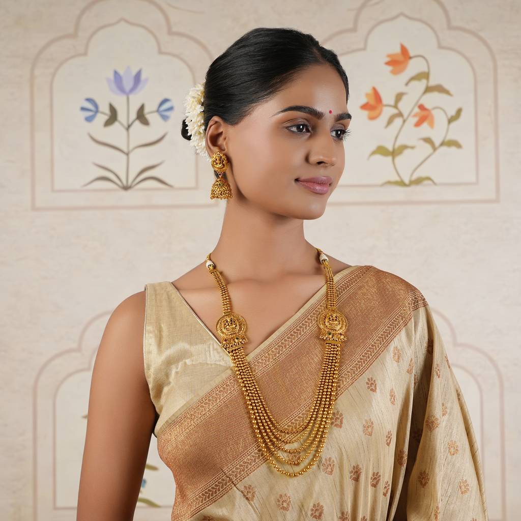 Beautiful Antique Gold Long Antique Gold Maa Lakshmi Necklace Set : SJ062