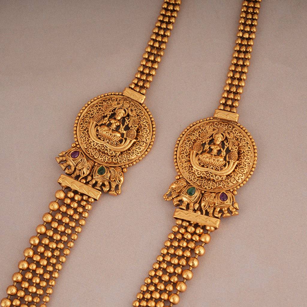 Beautiful Antique Gold Long Antique Gold Maa Lakshmi Necklace Set : SJ062
