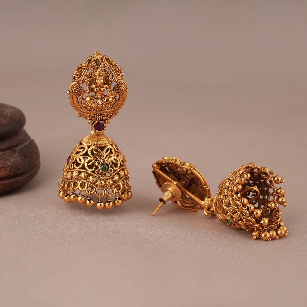 Beautiful Antique Gold Long Antique Gold Maa Lakshmi Necklace Set : SJ062