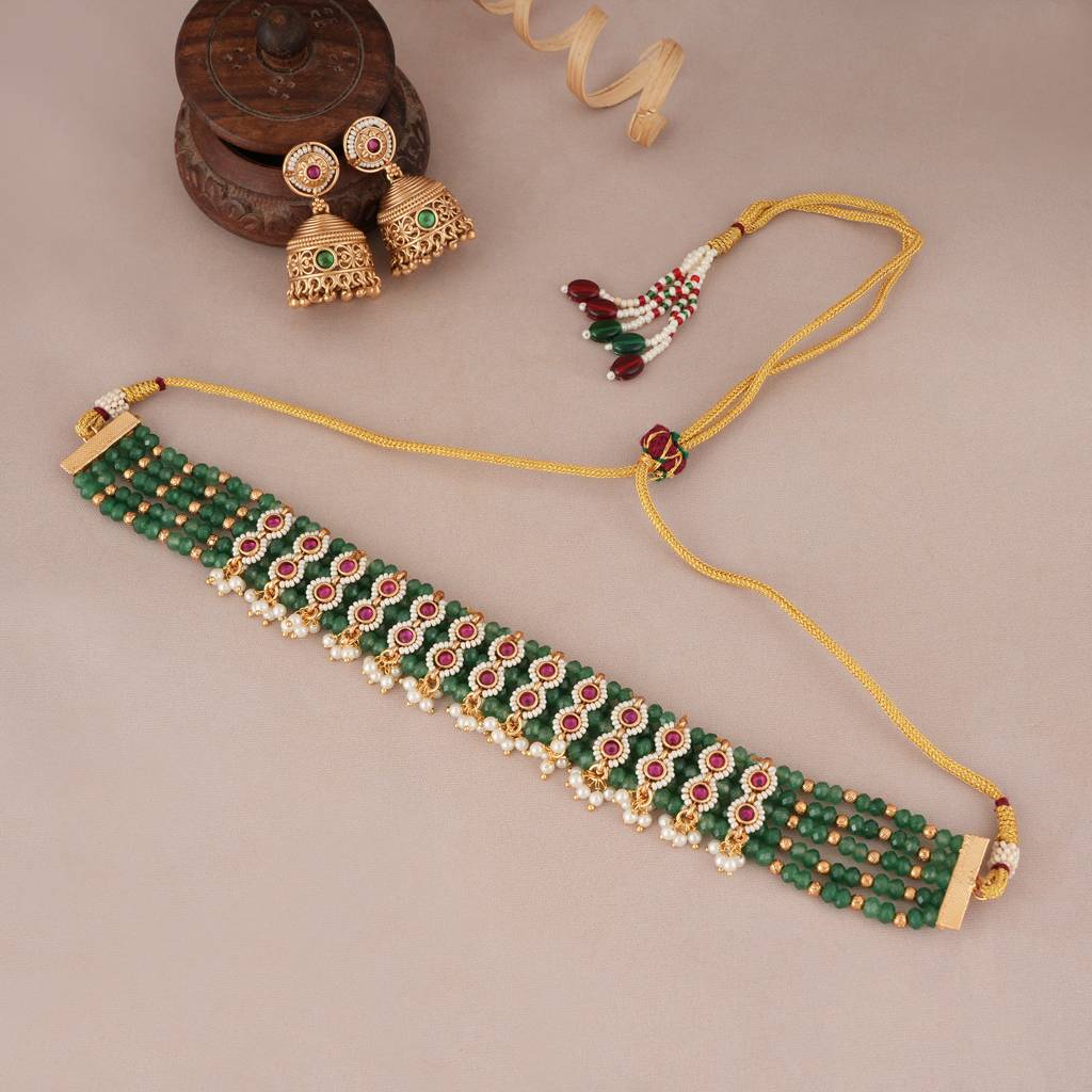 Stunning Gold Plated Green Stone Choker Set With Jhumka Earring : SJ069