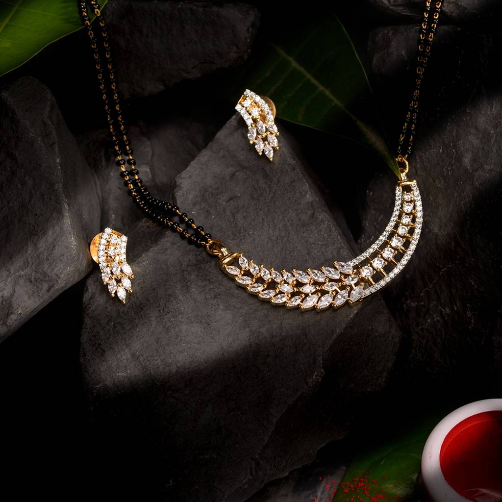 Gold Plated With Black Beads Ad Studded Designer Mangalsutra Combo With Earrings Set : SJMS1298