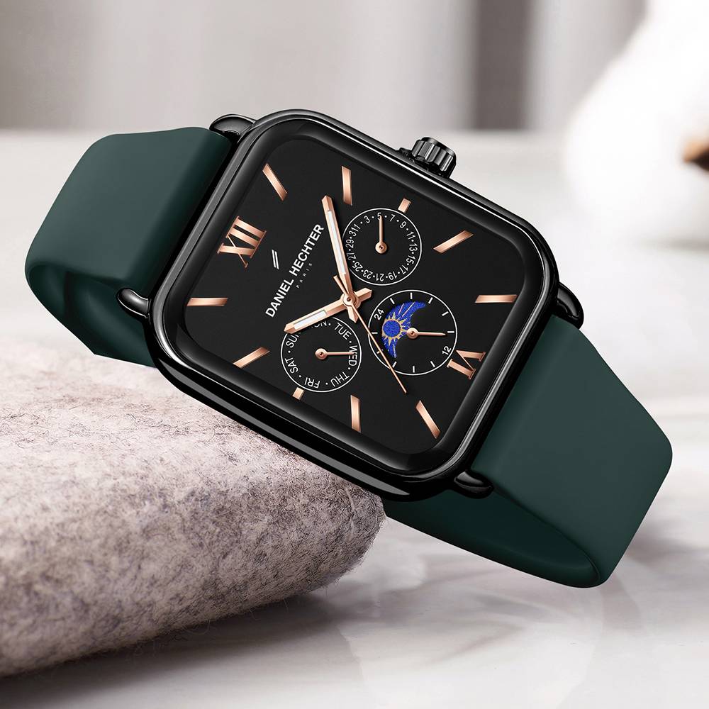 Daniel Hechter Paris Montmartre Unisex Multifunction Square Watch Â Black Dial With Day-Date & 24-Hour Subdial : DHU-1001-04