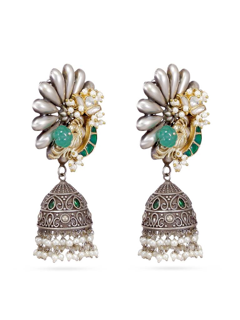 Oxidised Silver Peacock Design Jhumka Earrings : YI24A0141E