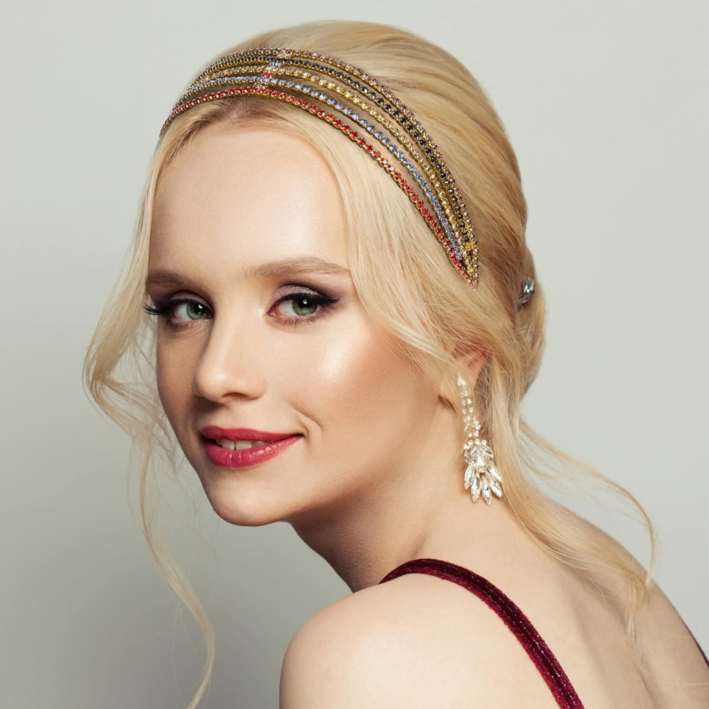 Multi-Color Rhinestone Headband For Women - 5 Row Rainbow Crystal Elastic Hair Band - Colorful Sparkling Diamo : M4SK-PT-MALTY