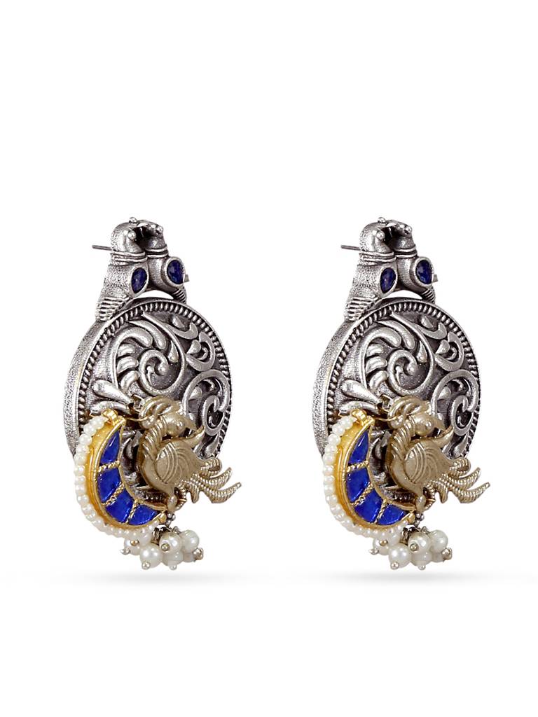 Silver Brass Peacock Design Drop Earrings : YI24A0123E