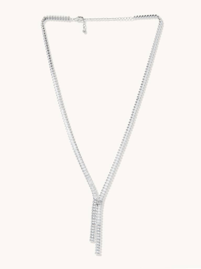 Cascading Silver Toned Crystal Necklace Set : YI24A0152N