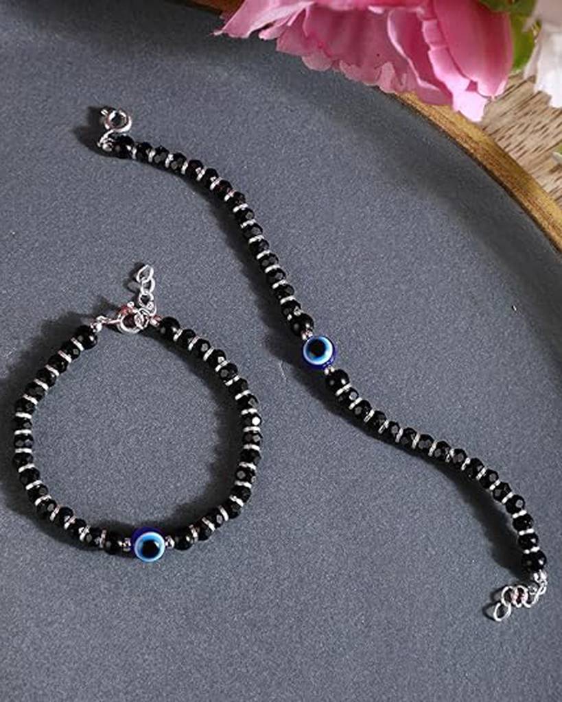 925 Pure Silver Nazariya Bracelets | Silver Evil Eye Beaded Bracelet (Pair Of 2) : BR1053