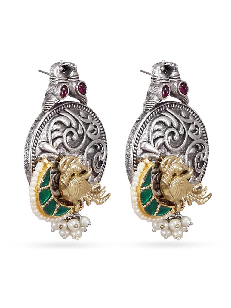 Oxidised Silver Peacock Drop Earrings : YI24A0134E