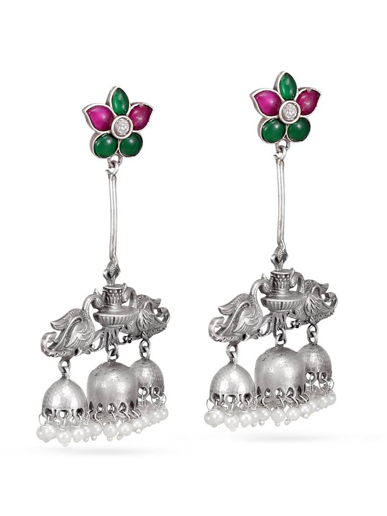 Silver Jhumka Earrings With Floral Accents : YI24A0127E