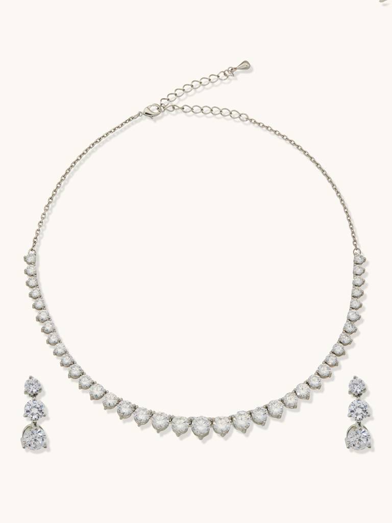 Cz Solitaire Silver Necklace Set. : YI24A0092N