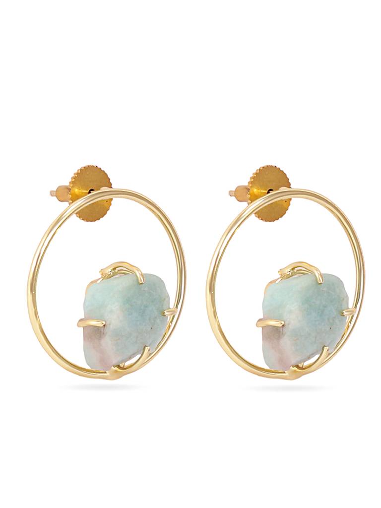 Gold Hoop Earrings With Aquamarine Stone Accent : YI24A0044E