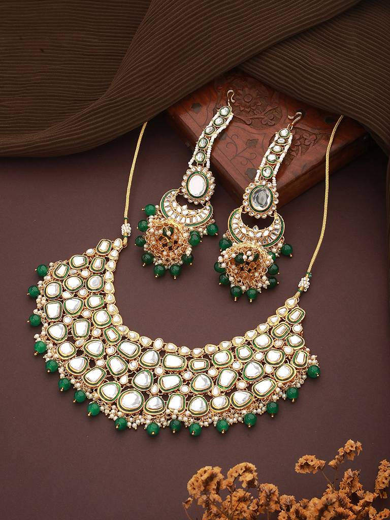 Gold-Plated Green & White Kundan-Studded & Beaded Handcrafted Jewellery Set : NL-JS23-40343