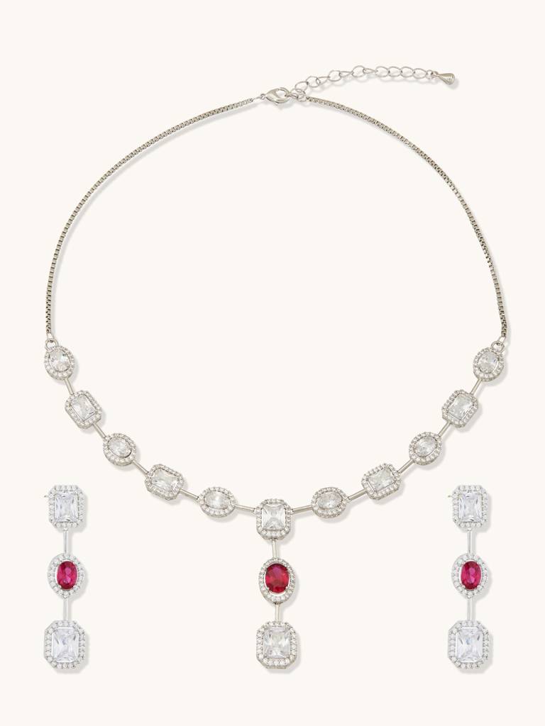 Cz Solitaire Ruby Necklace Set : YI24A0093N