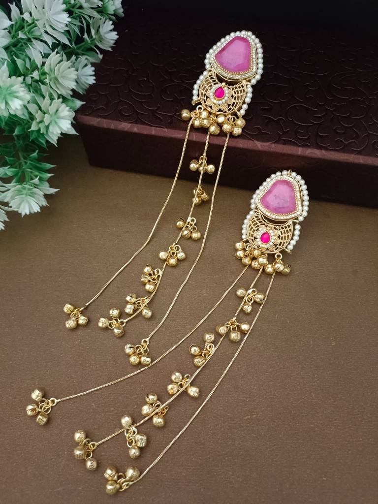 Brass-Plated Pachi Kundan Studded & Beaded Kashmiri Drop Earrings : VS105342