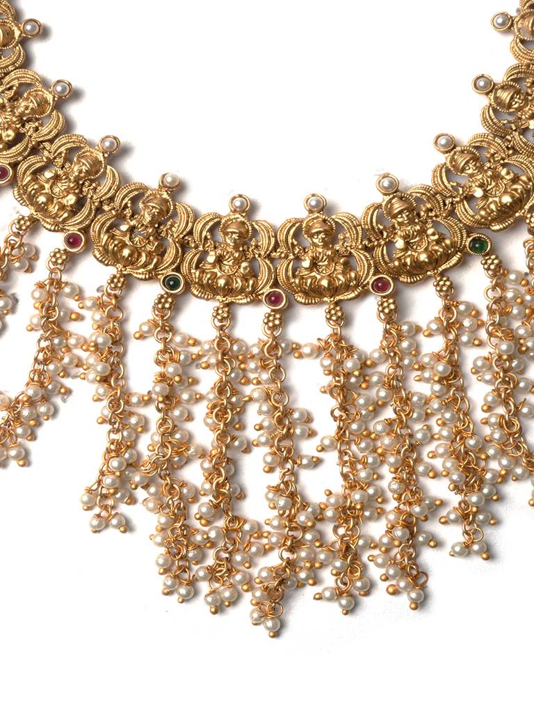 Ethnic Gold Plated Pearl Waterfall Necklace Set : SATJS240
