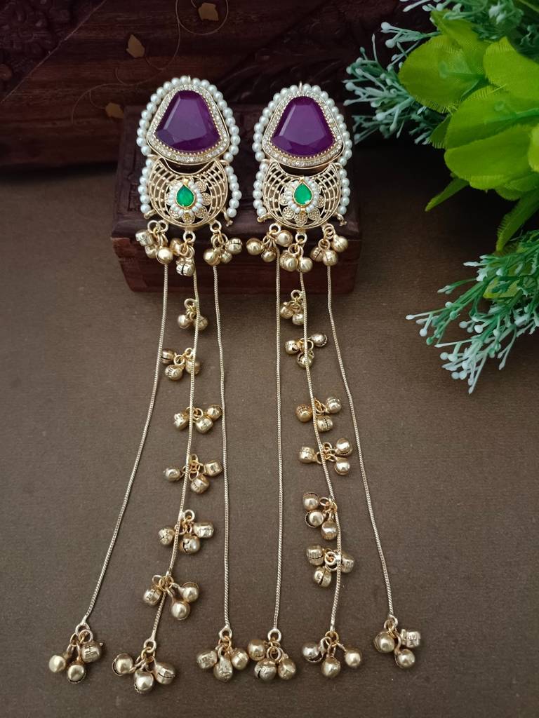 Brass-Plated Pachi Kundan Studded & Beaded Kashmiri Drop Earrings : VS105351
