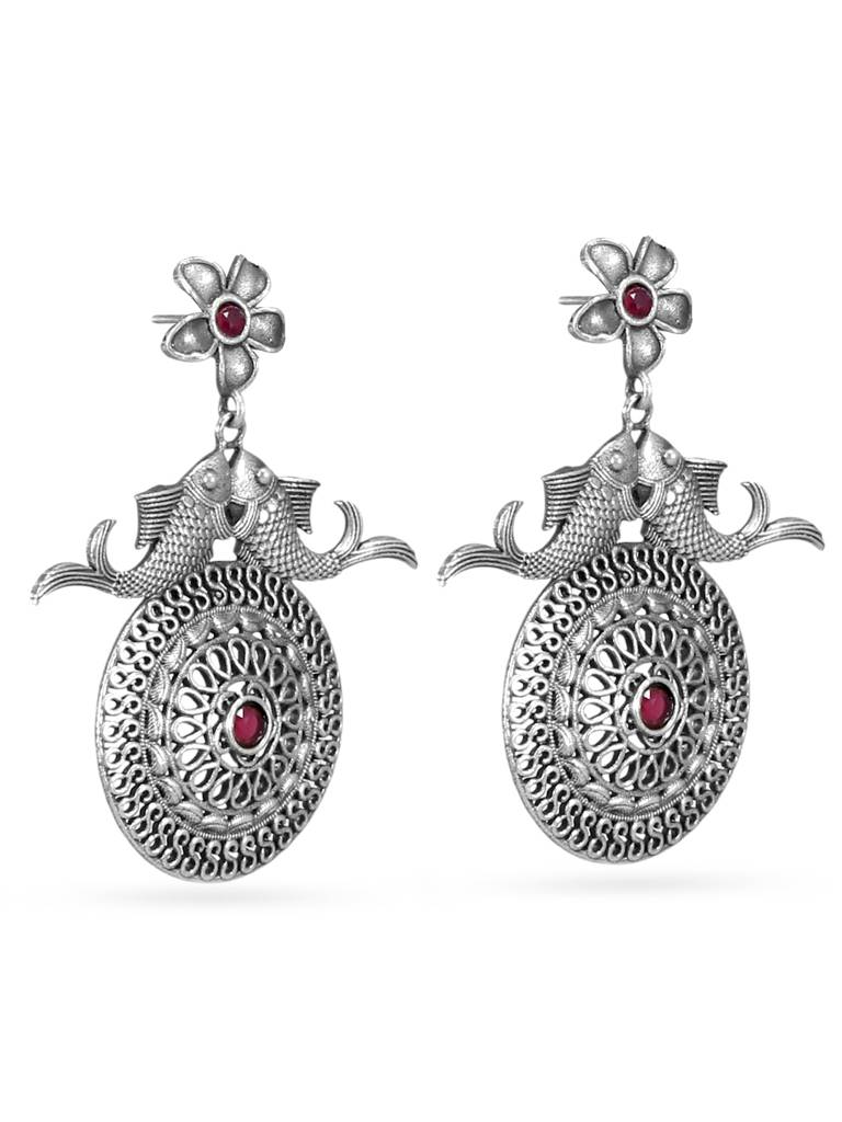 Oxidised Silver Fish Drop Earrings : YI24A0133E