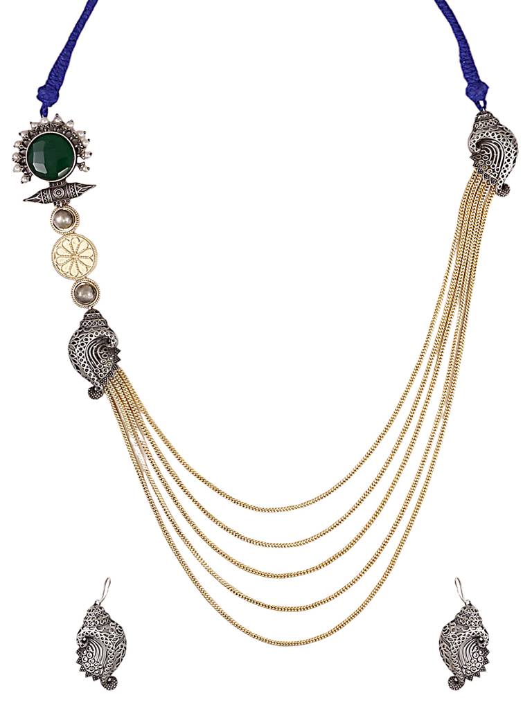 Multi-Layered Oxidised Silver Necklace Set : YI24A0072N