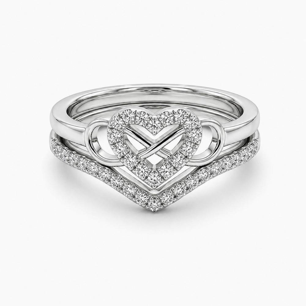 Infinity Heart Solitaire & Chevron Pavé Ring Set (925 Silver) : SR012